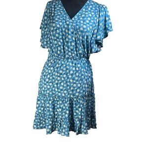 Altar State Blue Daisy Print Flutter Sleeve Tiered Ruffle Dress M spring garden